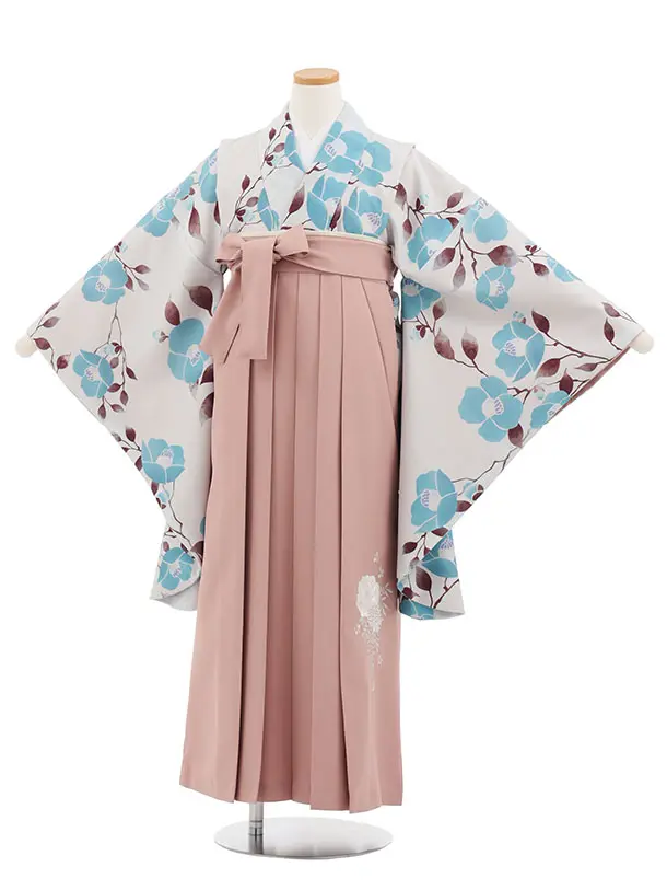 小学生卒業式かんたん袴(女の子) Z883 グレーブルー椿×モーヴピンク