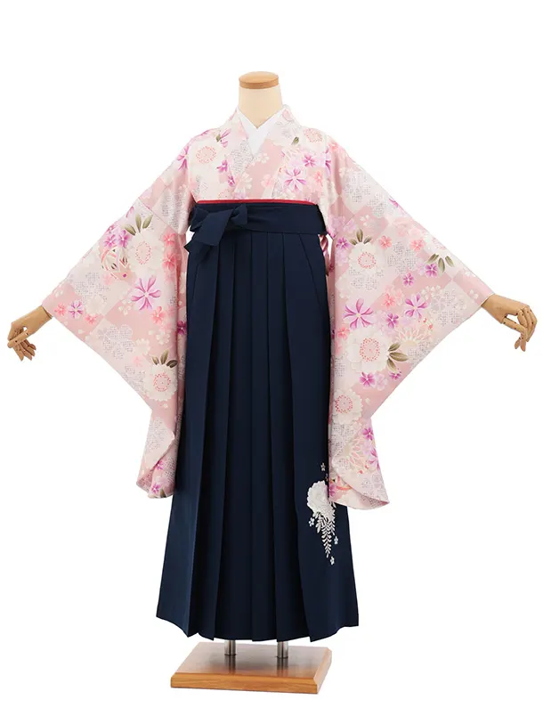 小学生卒業式かんたん袴(女の子) Z905 ピンク桜×紺