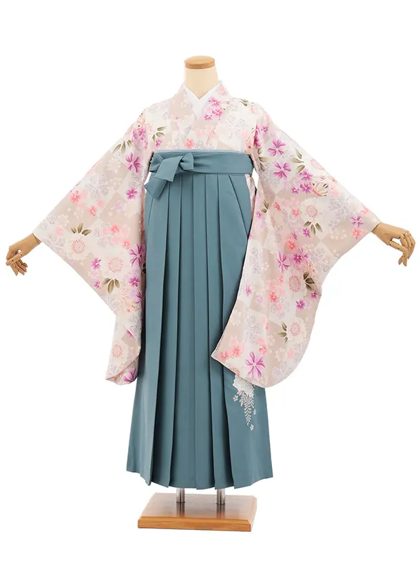 小学生卒業式かんたん袴(女の子) Z906 薄茶色桜×ブルーグレー