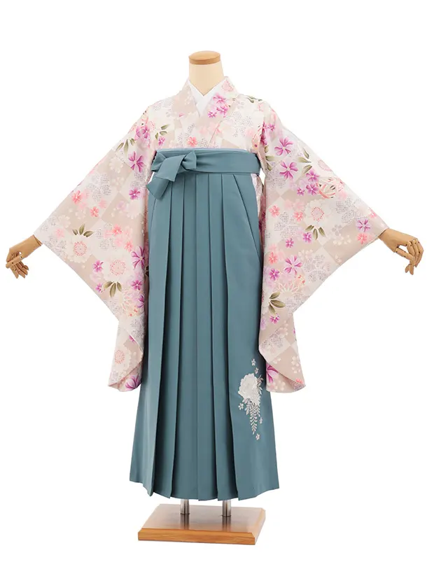 小学生卒業式かんたん袴(女の子) Z906 薄茶色桜×ブルーグレー