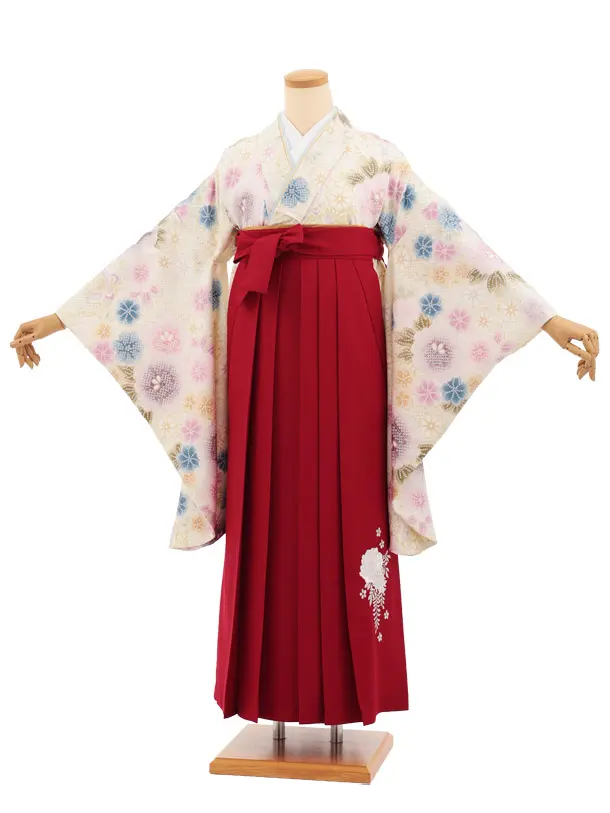 小学生卒業式かんたん袴(女の子) Z920 グリーン白疋田柄花×赤