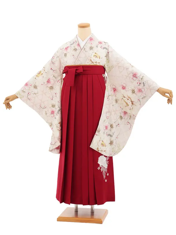 小学生卒業式かんたん袴(女の子) Z921 オフ 白花×赤