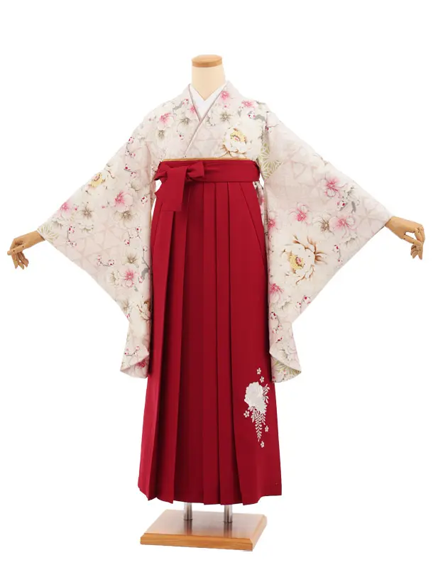 小学生卒業式かんたん袴(女の子) Z921 オフ 白花×赤