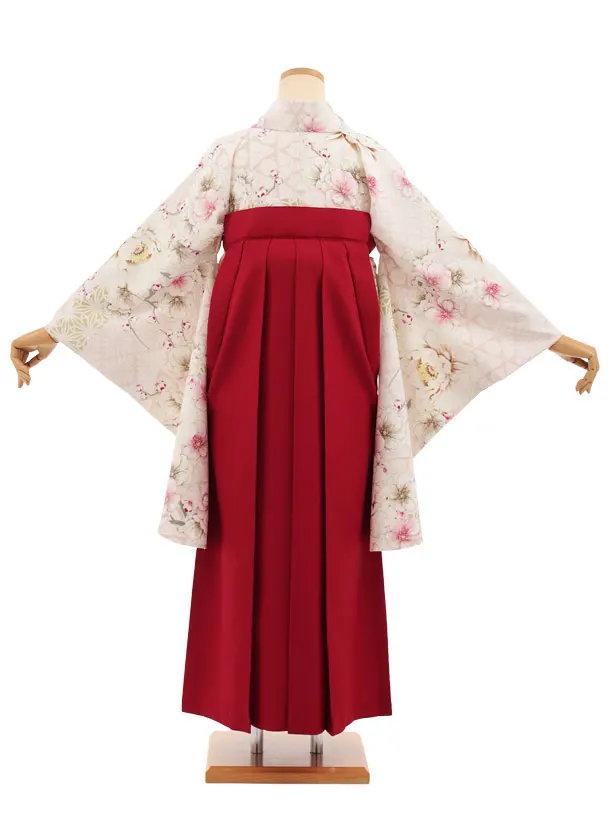 小学生卒業式かんたん袴(女の子) Z921 オフ 白花×赤