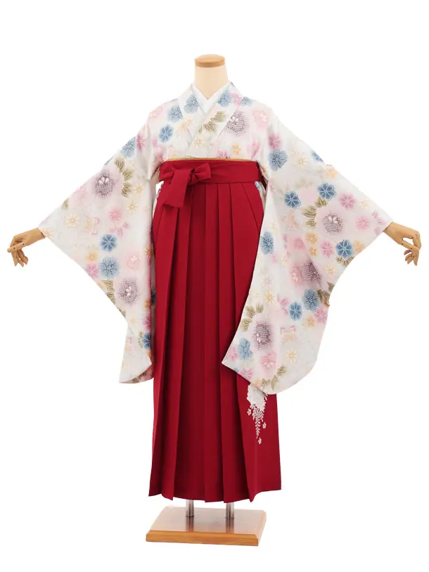 小学生卒業式かんたん袴(女の子) Z922 ブルー白疋田柄花×赤