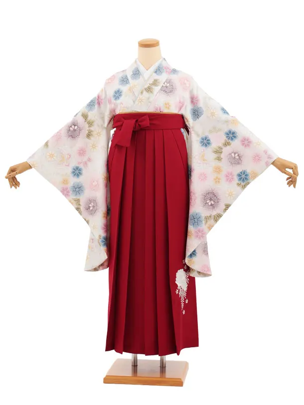 小学生卒業式かんたん袴(女の子) Z922 ブルー白疋田柄花×赤