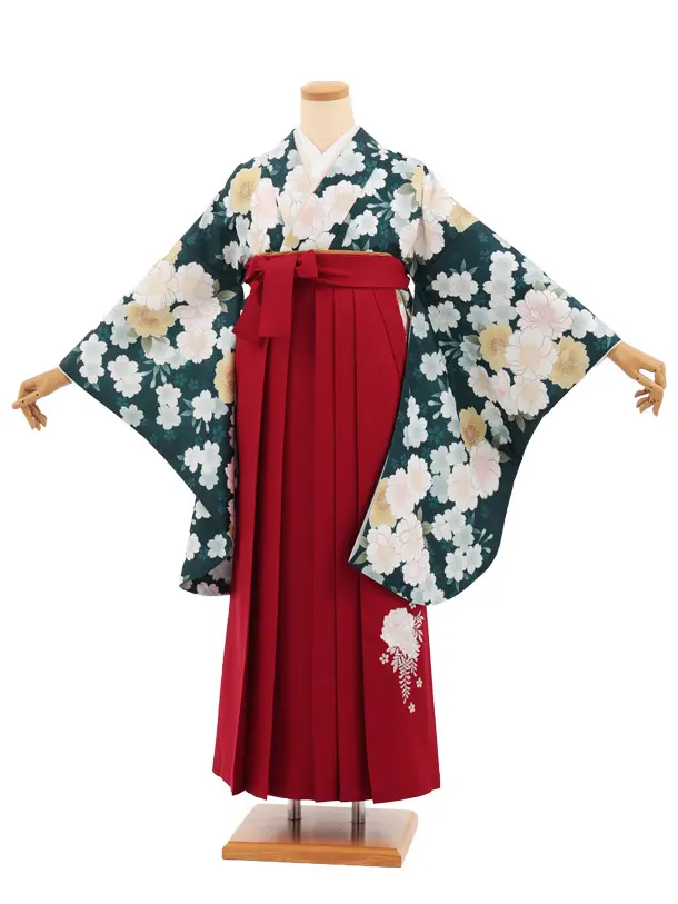 小学生卒業式かんたん袴(女の子) Z924 グリーン 桜×赤
