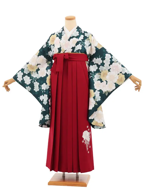 小学生卒業式かんたん袴(女の子) Z924 グリーン 桜×赤