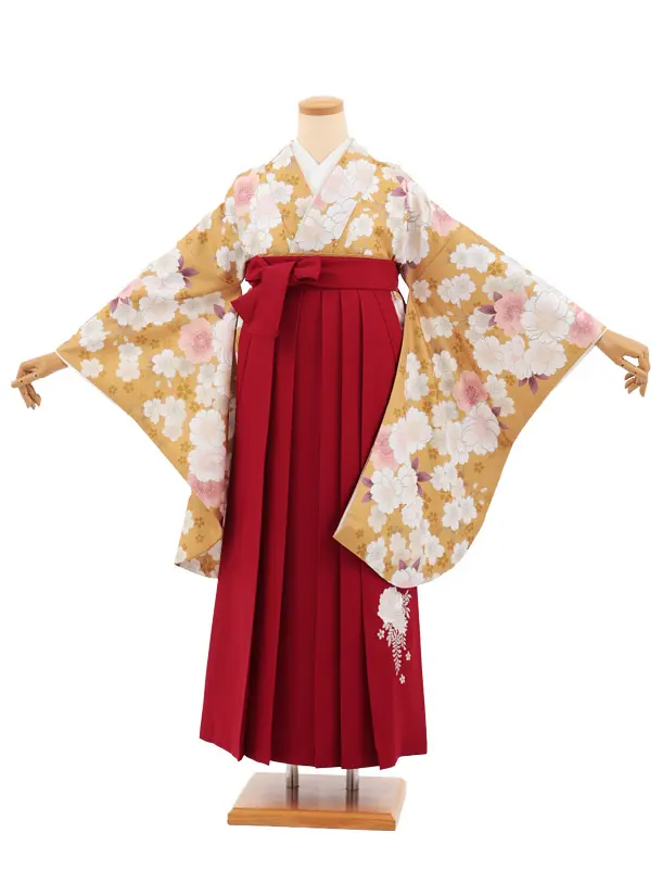 小学生卒業式かんたん袴(女の子) Z925 からし色 桜×赤