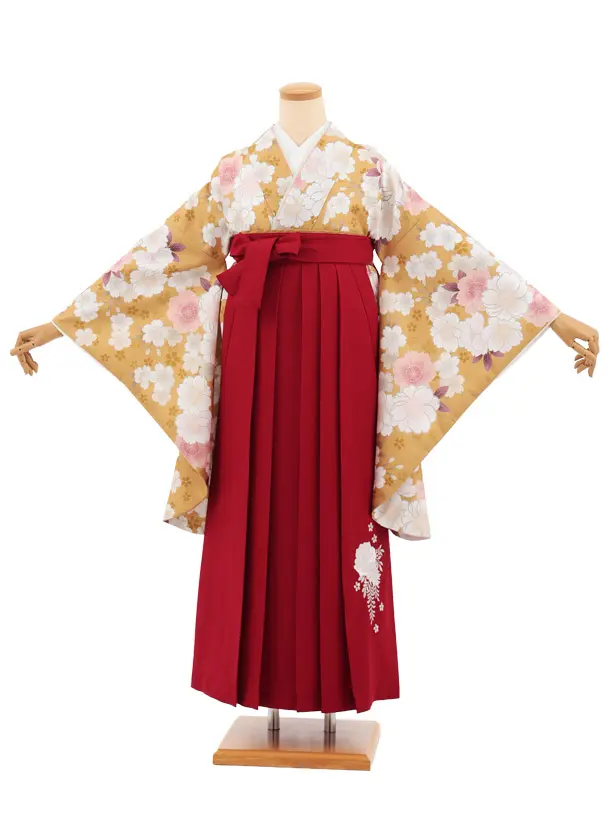 小学生卒業式かんたん袴(女の子) Z925 からし色 桜×赤