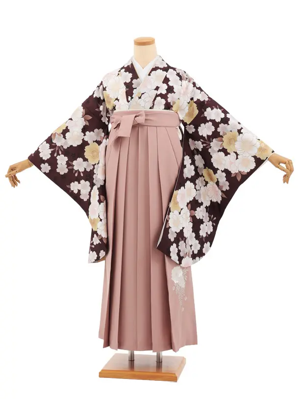 小学生卒業式かんたん袴(女の子) Z928 ブラウン 桜×ピンク
