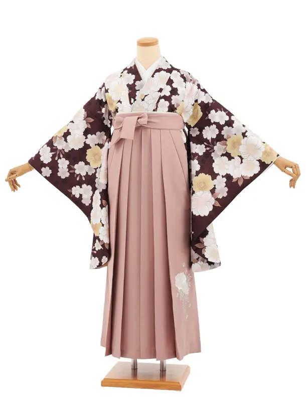 小学生卒業式かんたん袴(女の子) Z928 ブラウン 桜×ピンク