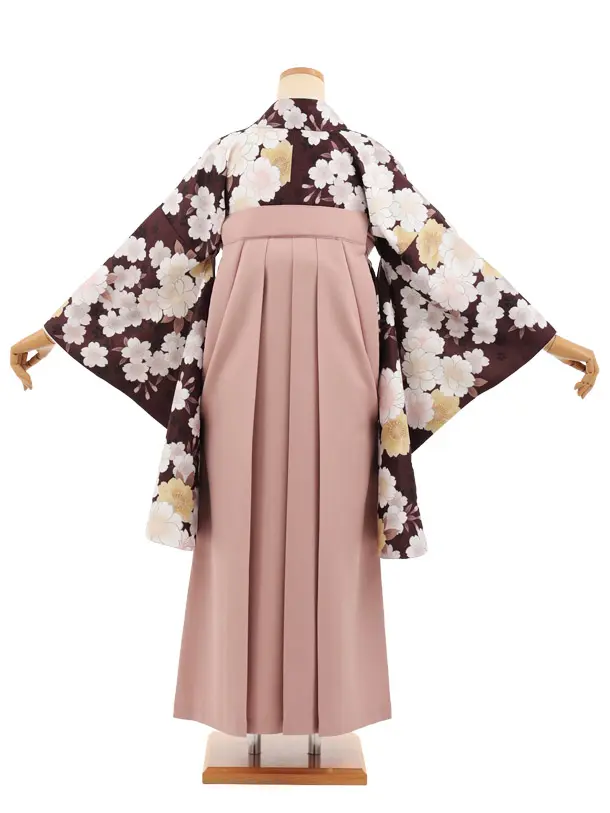 小学生卒業式かんたん袴(女の子) Z928 ブラウン 桜×ピンク