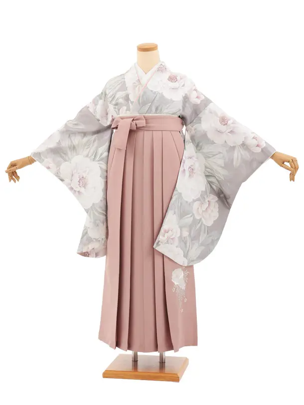 小学生卒業式かんたん袴(女の子) Z931 グレージュ 花×ピンク