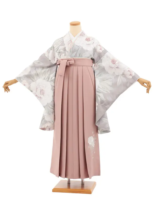 小学生卒業式かんたん袴(女の子) Z931 グレージュ 花×ピンク
