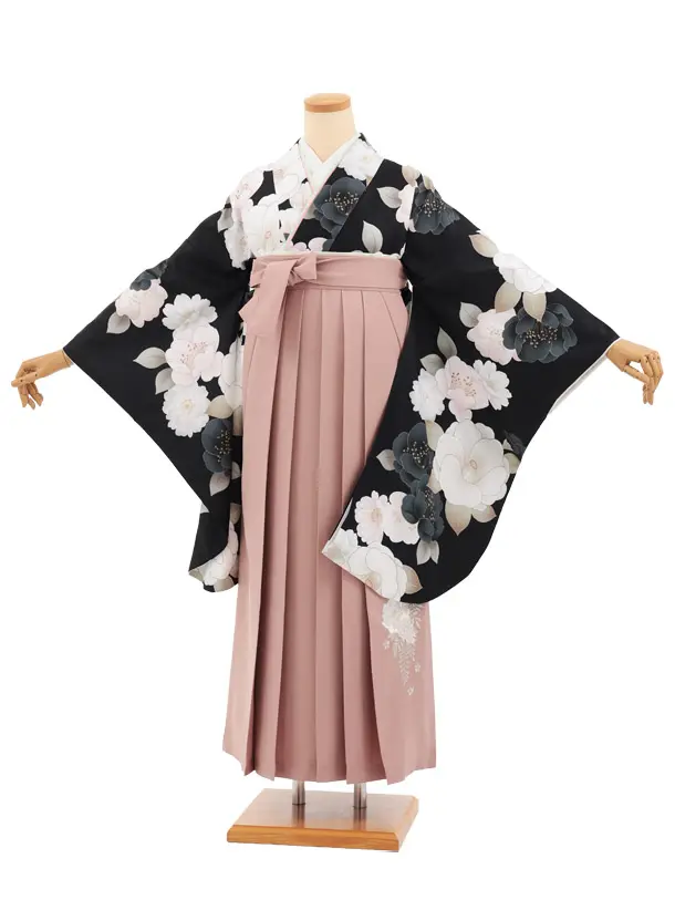 小学生卒業式かんたん袴(女の子) Z932 黒椿花×ピンク