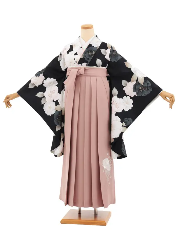 小学生卒業式かんたん袴(女の子) Z932 黒椿花×ピンク