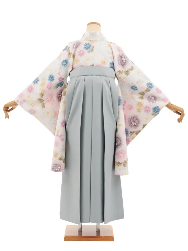 小学生卒業式かんたん袴(女の子) Z933 水色白疋田柄花×グレー