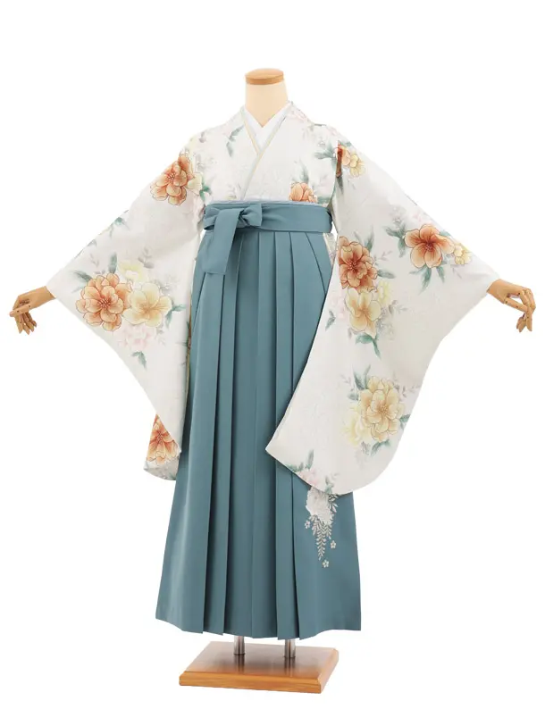 小学生卒業式かんたん袴(女の子) Z936 クリーム 花×ブルーグレー