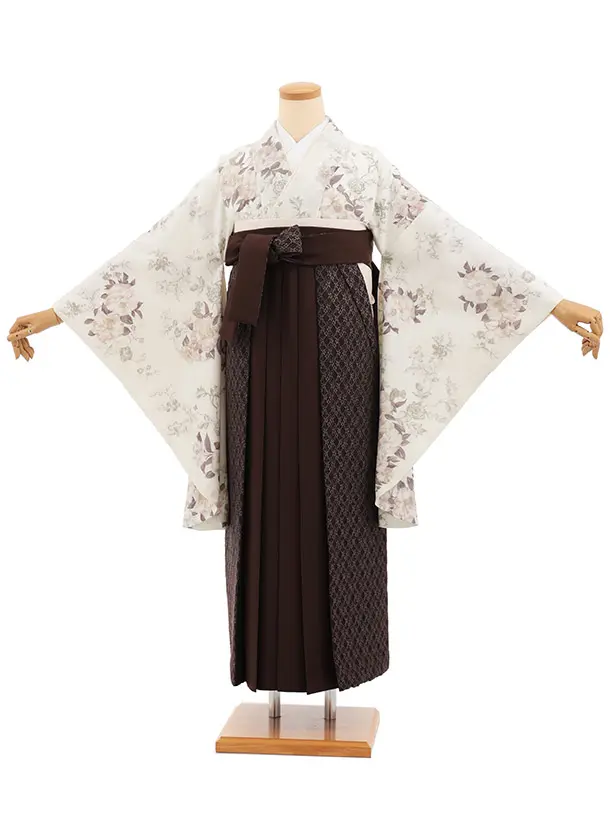 小学生袴(女の子) Z946 Heather アイボリーヴィンテージ椿×ブラウン