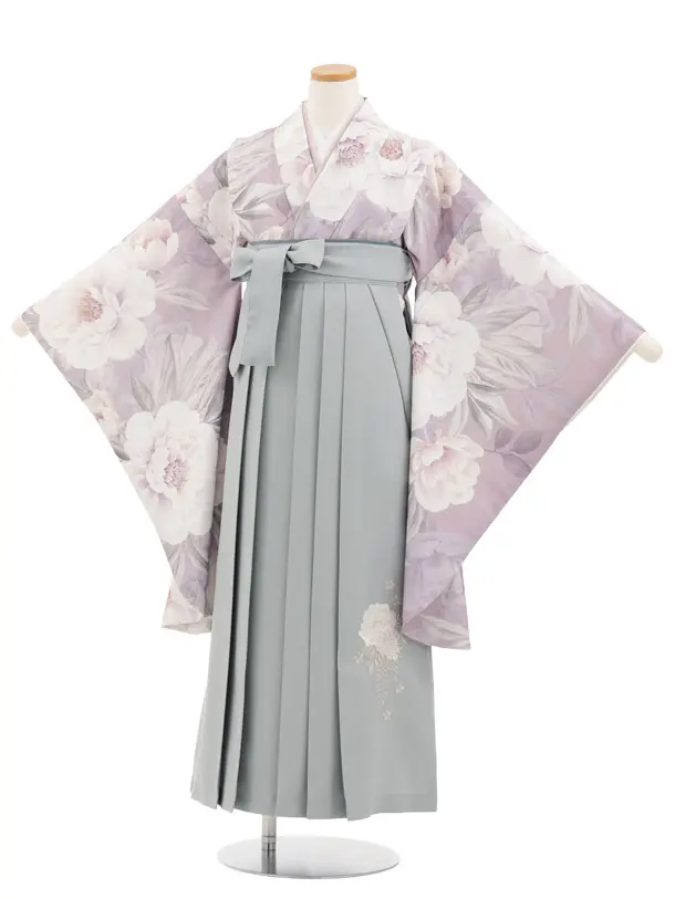 小学生卒業式かんたん袴(女の子) Z952 ペールパープル花×グレー