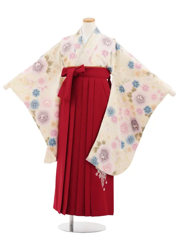 小学生卒業式かんたん袴(女の子) Z953 グリーン白疋田柄花×赤