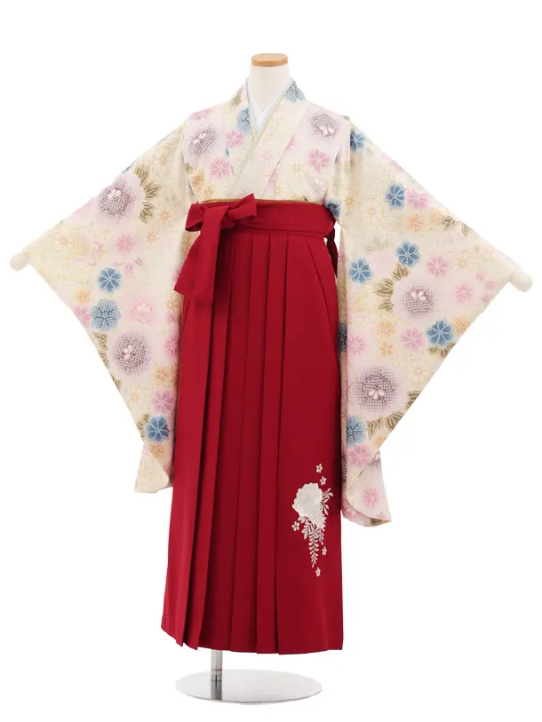 小学生卒業式かんたん袴(女の子) Z953 グリーン白疋田柄花×赤