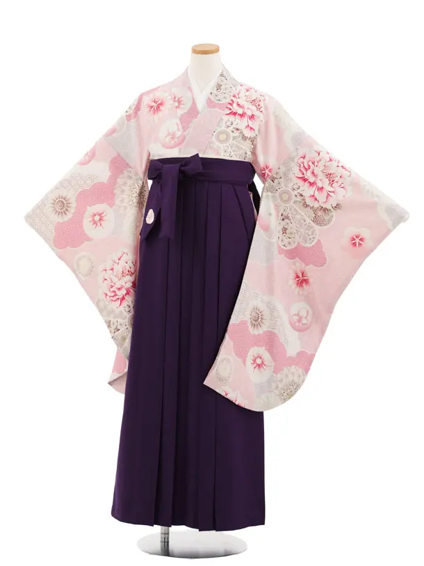 小学生かんたん袴 Z975 JAPANSTYLE ピンク雲取り花×パープル