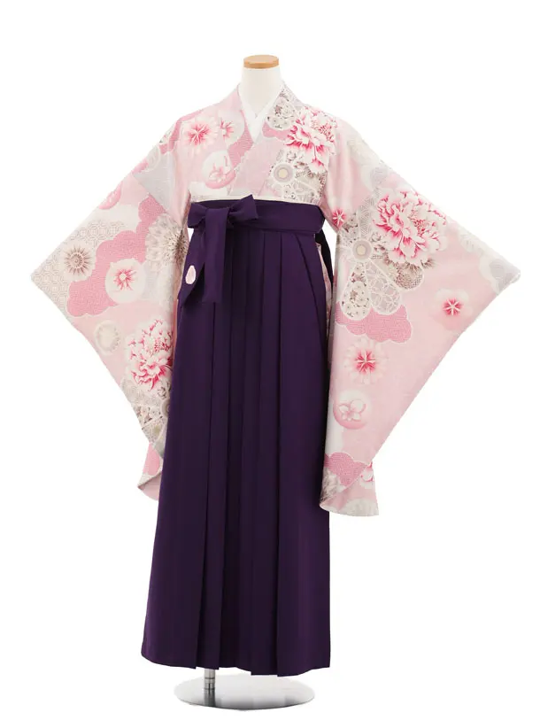 小学生かんたん袴 Z975 JAPANSTYLE ピンク雲取り花×パープル