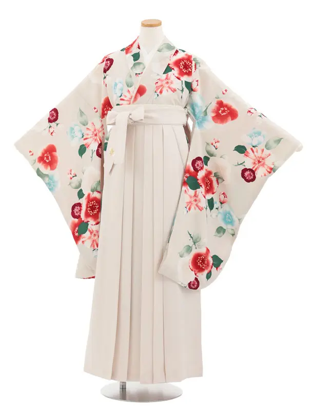 小学生かんたん袴 Z976 JAPANSTYLE うすベージュ椿×アイボリー