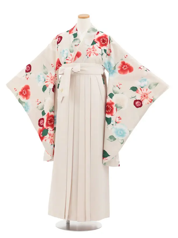 小学生かんたん袴 Z976 JAPANSTYLE うすベージュ椿×アイボリー