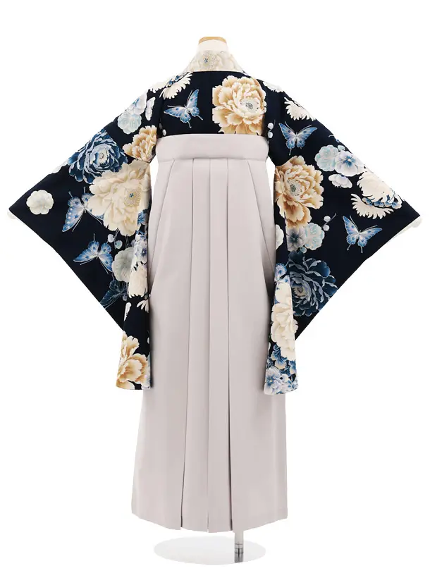 小学生卒業式かんたん袴(女の子) Z979 華徒然 ネイビーぼたん蝶×グレー