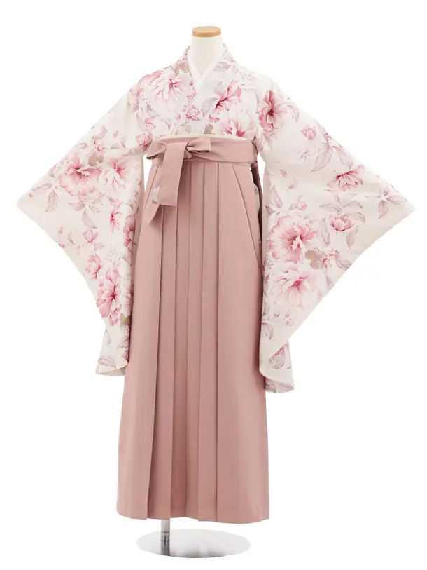 小学生卒業式かんたん袴(女の子) Z981 華徒然 オフ白花×ピンクベージュ