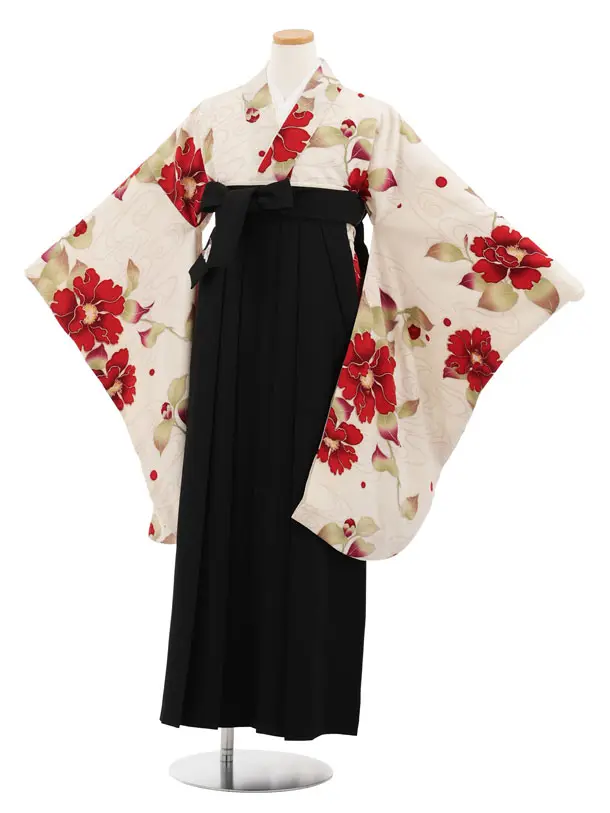 小学生卒業式かんたん袴(女の子) Z982 九重 クリームベージュ花×黒