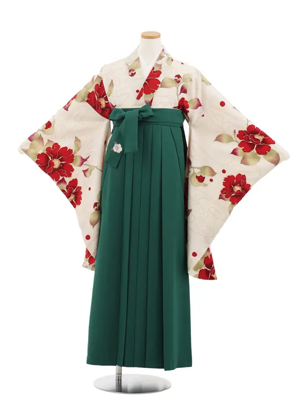 小学生卒業式かんたん袴(女の子) Z983 九重 クリームベージュ花×グリーン