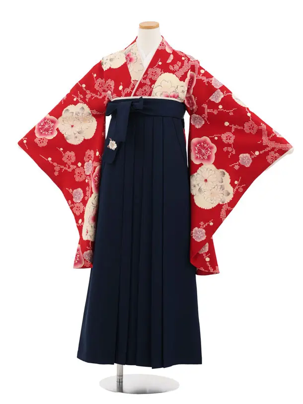 小学生卒業式かんたん袴(女の子) Z984 九重 赤梅菊×紺