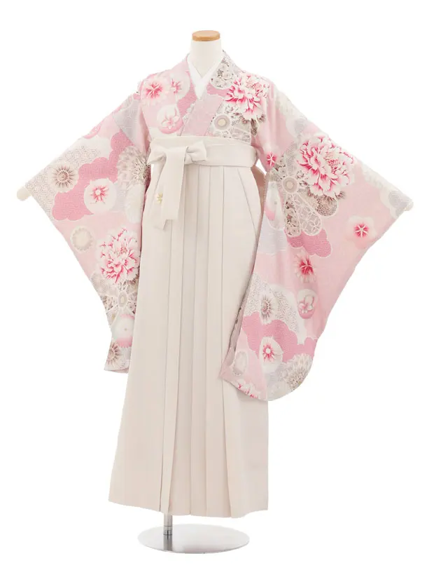 小学生かんたん袴 Z986 JAPANSTYLE ピンク雲取り花×アイボリー