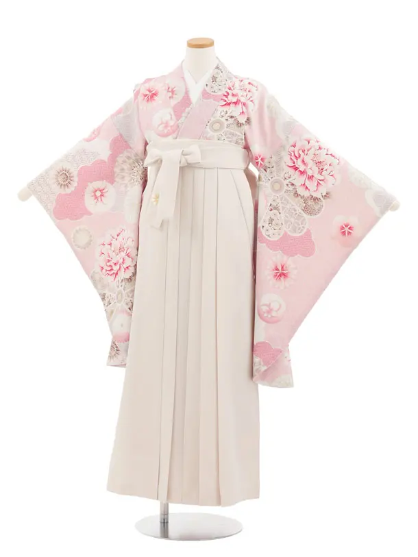 小学生かんたん袴 Z986 JAPANSTYLE ピンク雲取り花×アイボリー