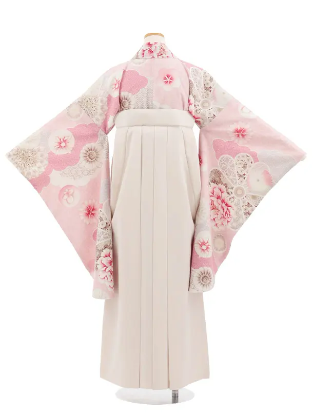 小学生かんたん袴 Z986 JAPANSTYLE ピンク雲取り花×アイボリー