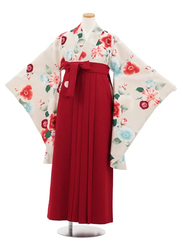 小学生かんたん袴 Z989 JAPANSTYLE うすベージュ椿×エンジ