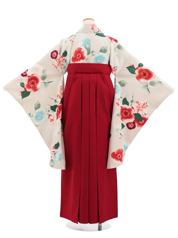 小学生かんたん袴 Z989 JAPANSTYLE うすベージュ椿×エンジ