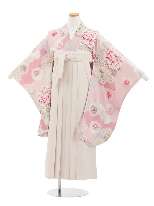 小学生かんたん袴 Z998 JAPANSTYLE ピンク雲取り花×アイボリー