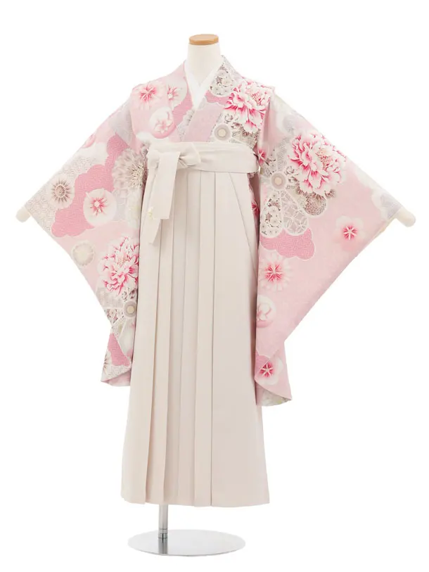 小学生かんたん袴 Z998 JAPANSTYLE ピンク雲取り花×アイボリー