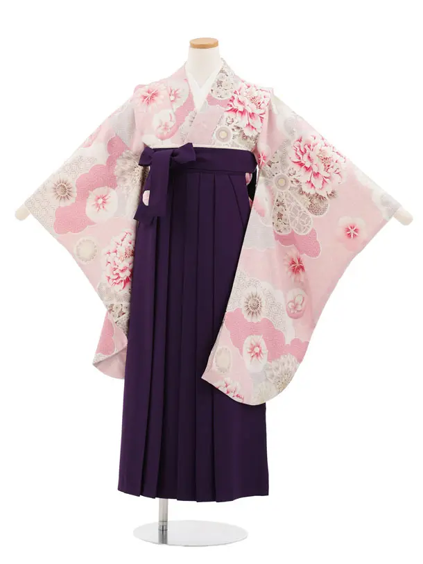 小学生かんたん袴 Z999 JAPANSTYLE ピンク雲取り花×パープル