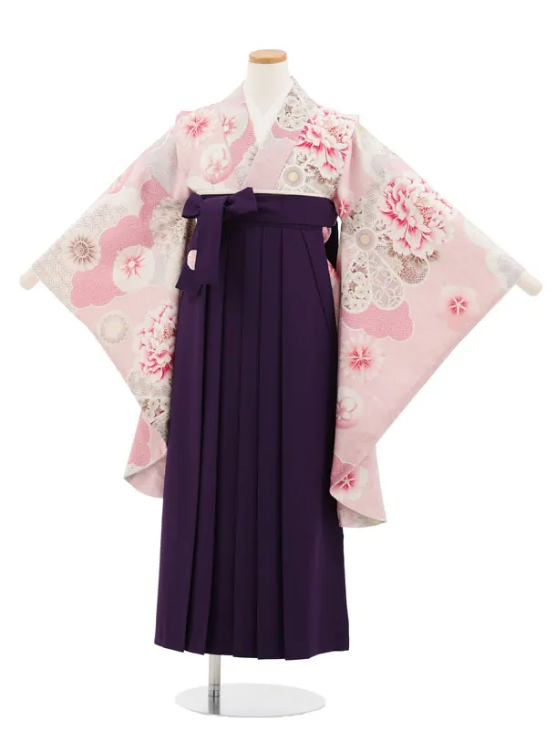 小学生かんたん袴 Z999 JAPANSTYLE ピンク雲取り花×パープル