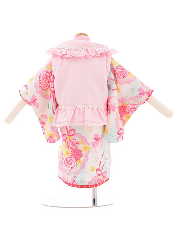 女児ベビー着物 0007 seiko ﾋﾟﾝｸ×水色ﾊﾞﾗ/被布