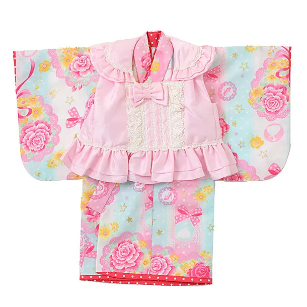 女児ベビー着物 0007 seiko ﾋﾟﾝｸ×水色ﾊﾞﾗ/被布