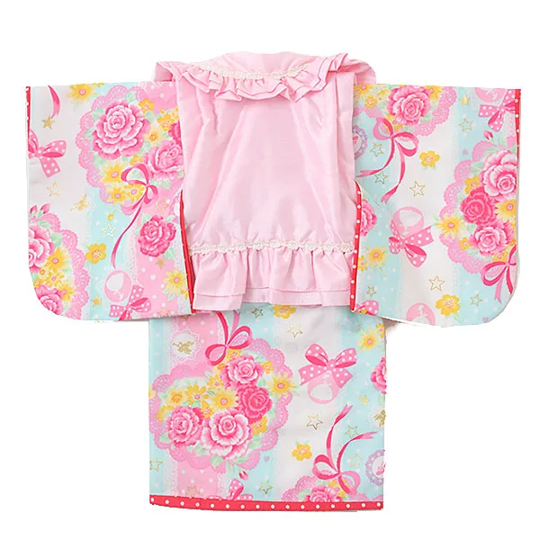 女児ベビー着物 0007 seiko ﾋﾟﾝｸ×水色ﾊﾞﾗ/被布