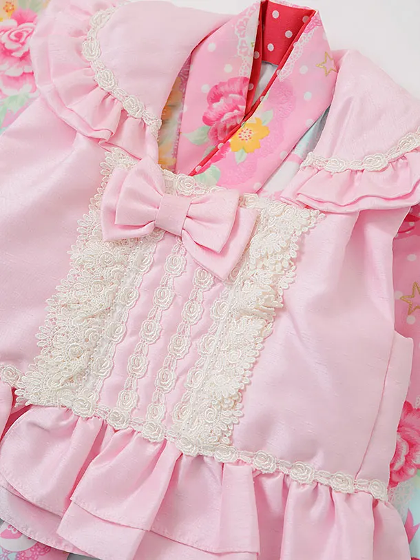 女児ベビー着物 0007 seiko ﾋﾟﾝｸ×水色ﾊﾞﾗ/被布