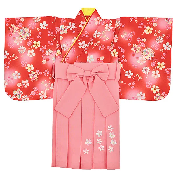 女児【100日～１歳用】0164  赤小花×ピンク袴/ワンピース